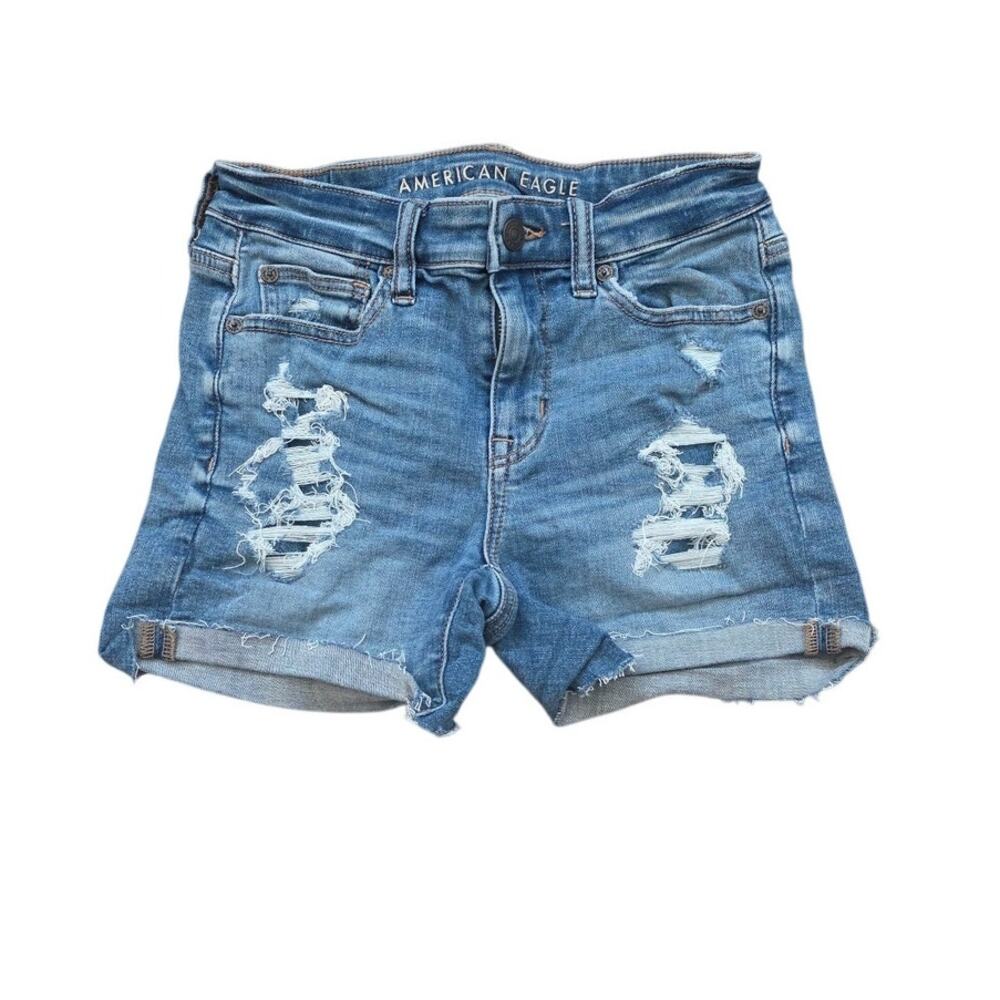 American Eagle Womens sz 0 High Rise Shortie Distressed Denim Jean Shorts Blue